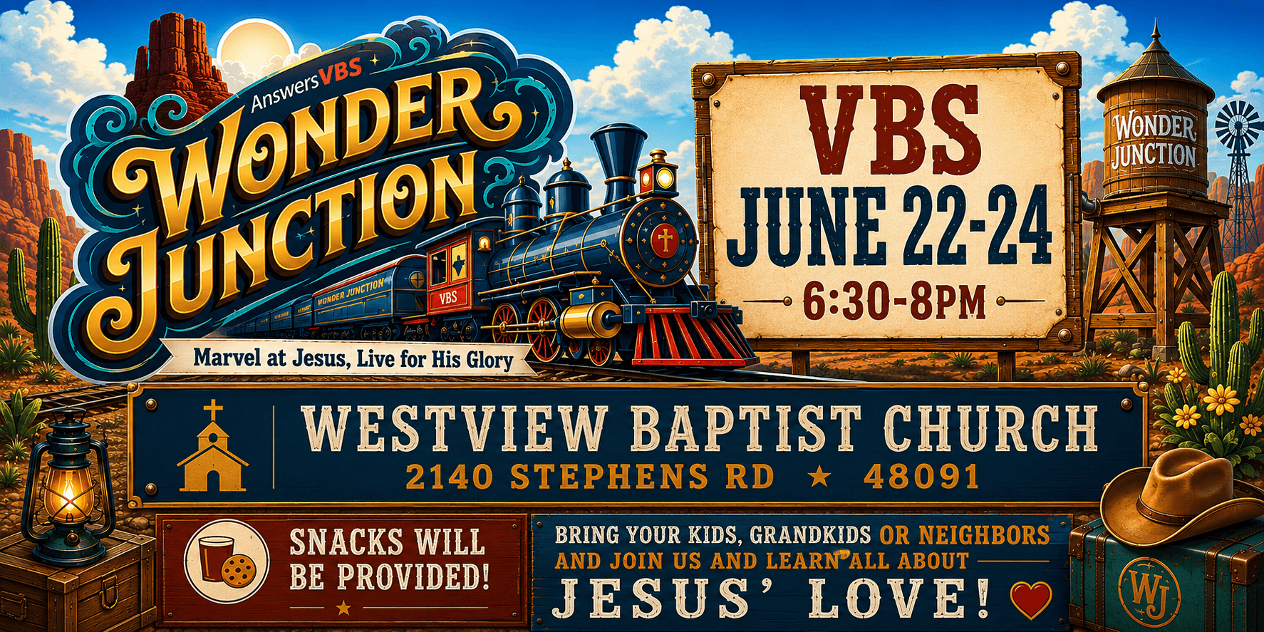 Wonder Junction VBS — June 22–24, 6:30–8PM at Westview Baptist Church, 2140 Stephens Rd, Warren. Snacks provided. Bring your kids, grandkids, or neighbors and join us to learn all about Jesus' love!