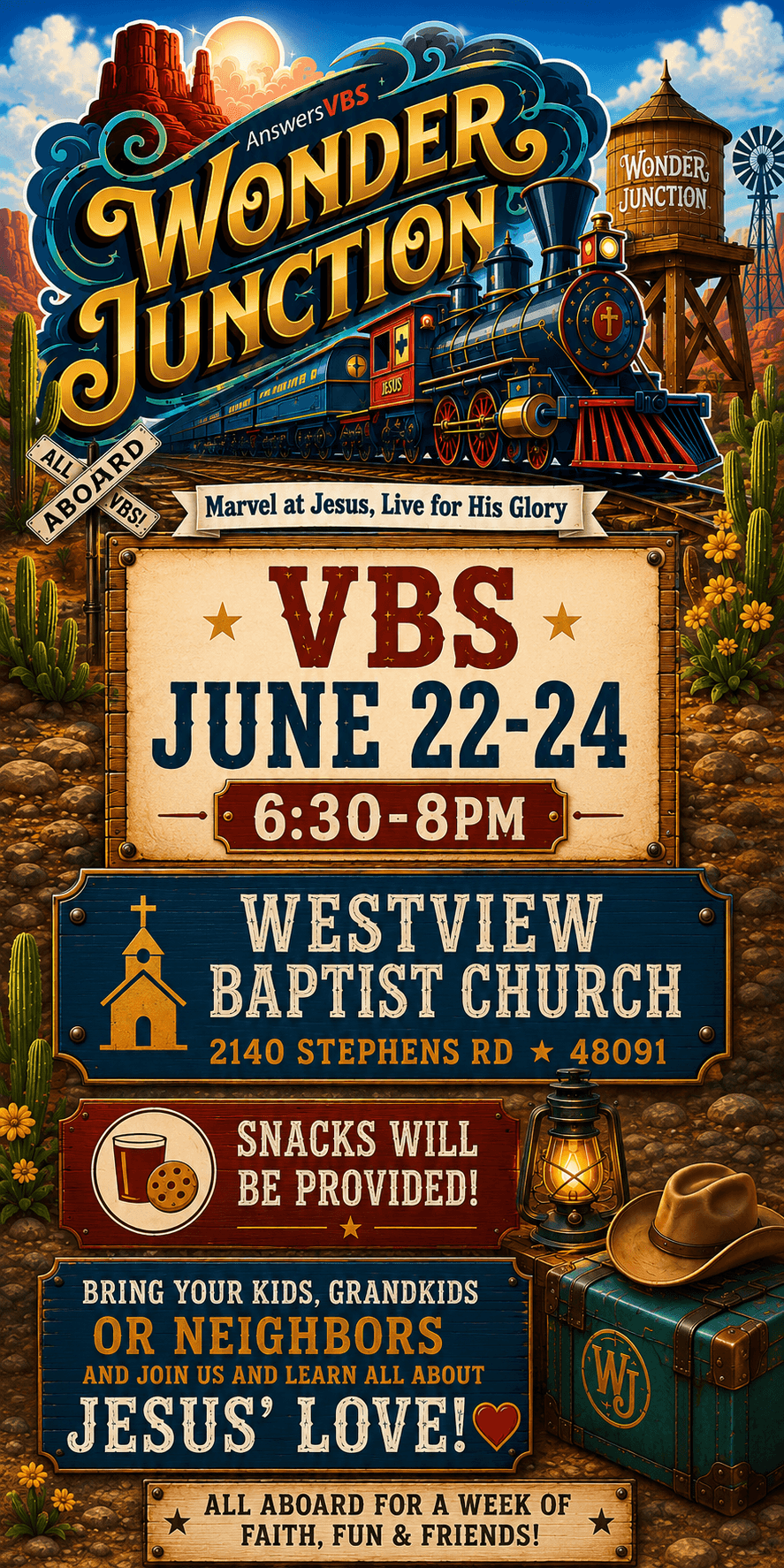 Wonder Junction VBS — June 22–24, 6:30–8PM at Westview Baptist Church, 2140 Stephens Rd, Warren. Snacks provided. Bring your kids, grandkids, or neighbors and join us to learn all about Jesus' love!