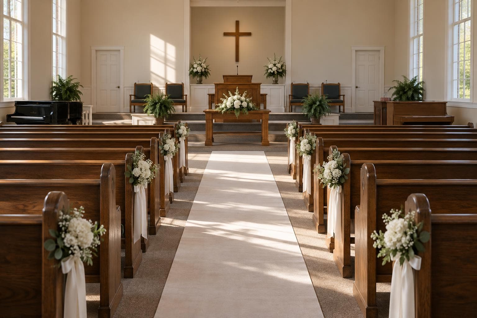 A church sanctuary set for a wedding ceremony, with white flowers tied to the pews along the center aisle